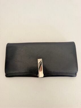 Vintage Salvatore Ferragamo Black Leather Clutch Wallet with Silver-Tone Bar